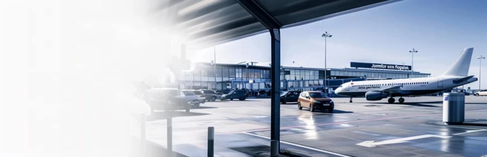 Flygplats parkering vid terminal med flygplan i bakgrunden